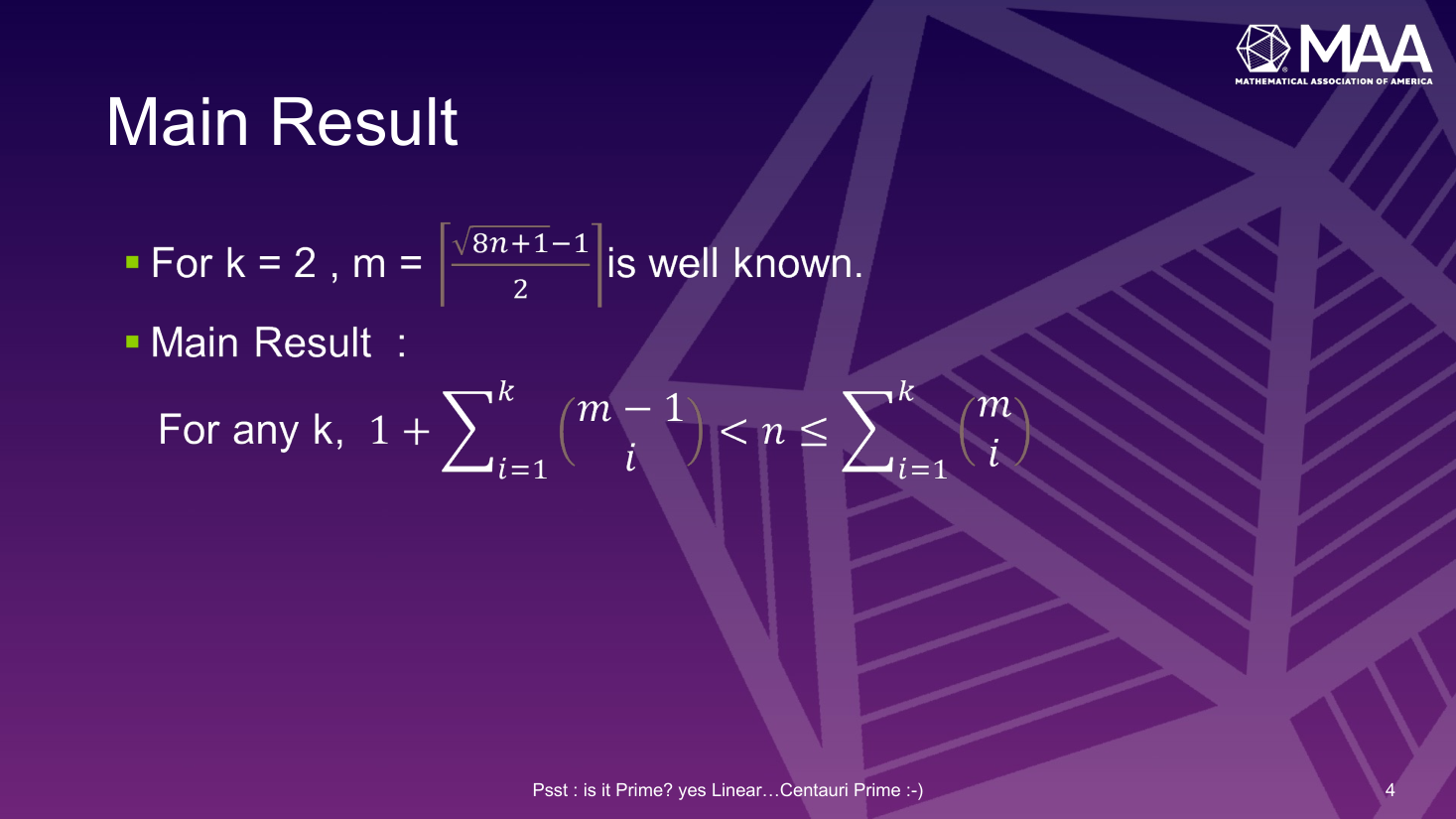 The main-result slide: for any k, 1 plus the sum of C(m-1, i) is less than n, which is at most the sum of C(m, i)